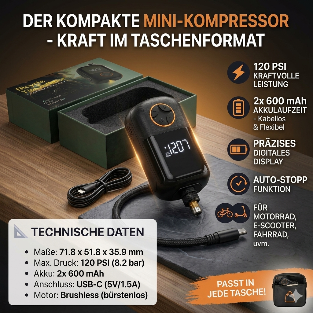 Yourscooter Mini Kompressor, Luftpumpe 10 Bar für Fahrrad, Motorrad und E-Scooter