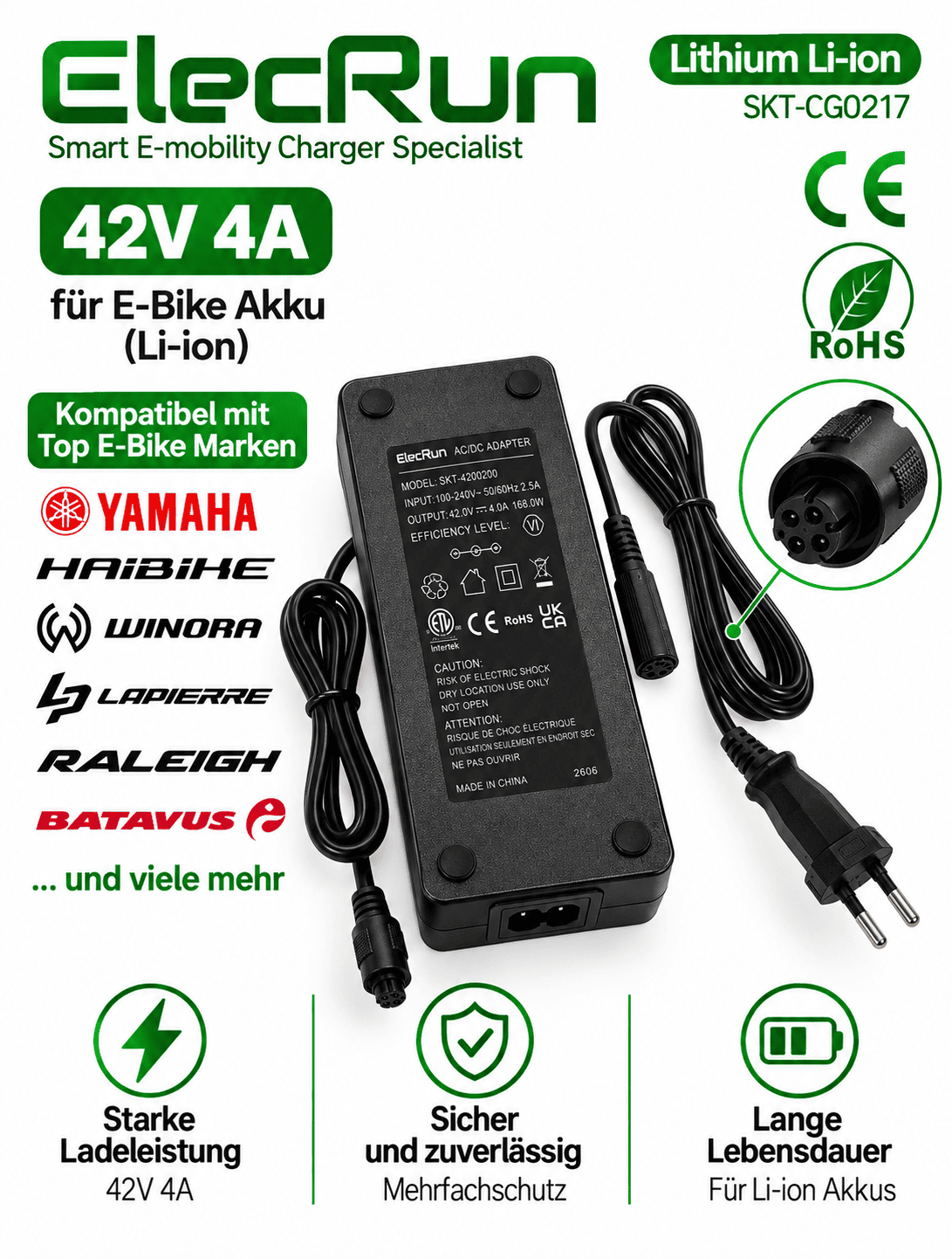 E-Bike Ladegerät 42V 4A für 36V Yamaha Akku mit 4-Pin Anschluss – kompatibel mit Haibike, Winora, Lapierre, Raleigh und Batavus
