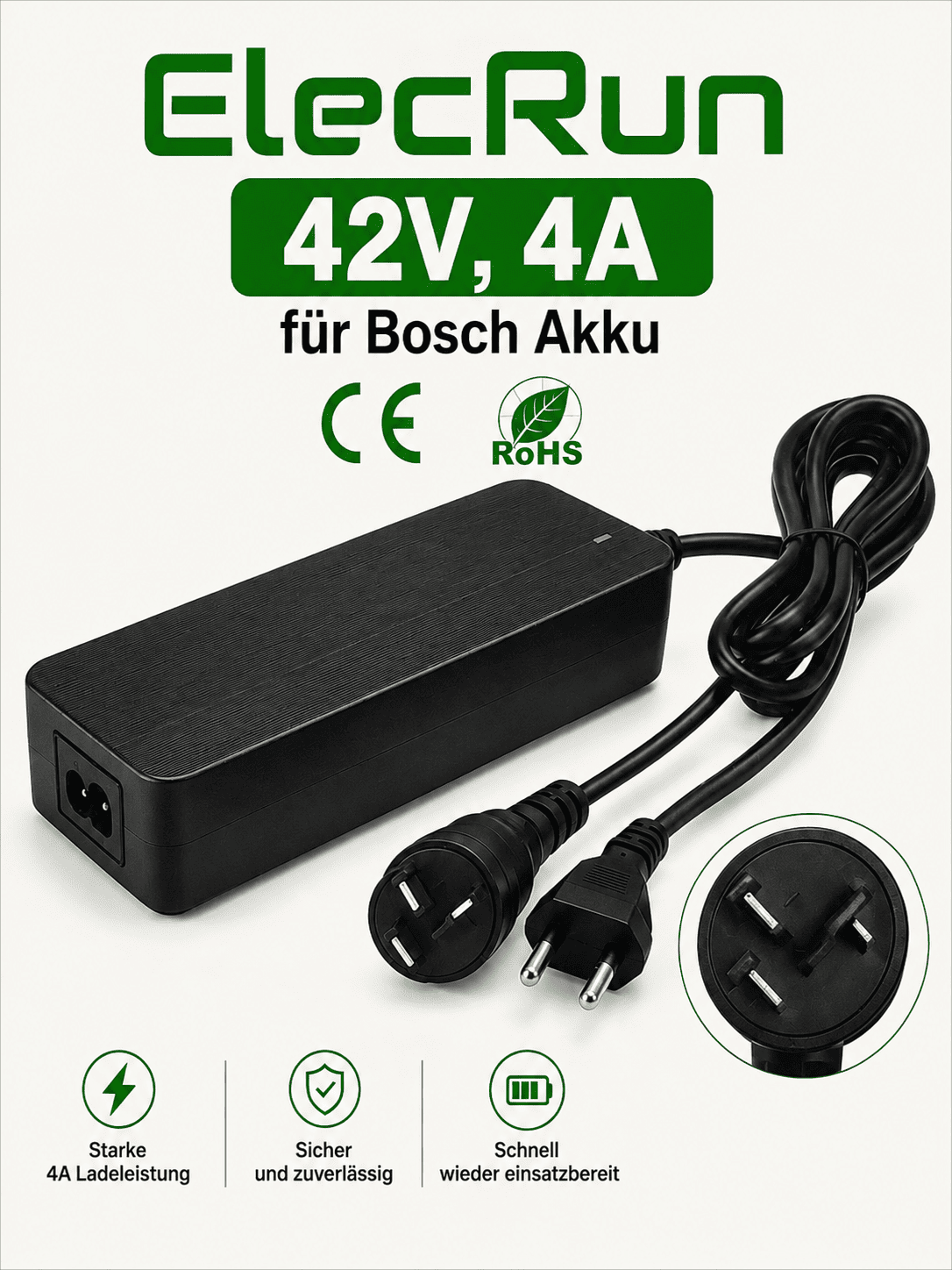 ElecRun E-Bike Ladegerät für Bosch Akku 42V,4A BSH-3 Pin