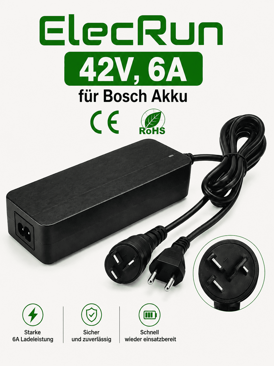 ElecRun 42V 6A Ladegerät für Bosch 36V E-Bike Akku BSH – 3 Pin
