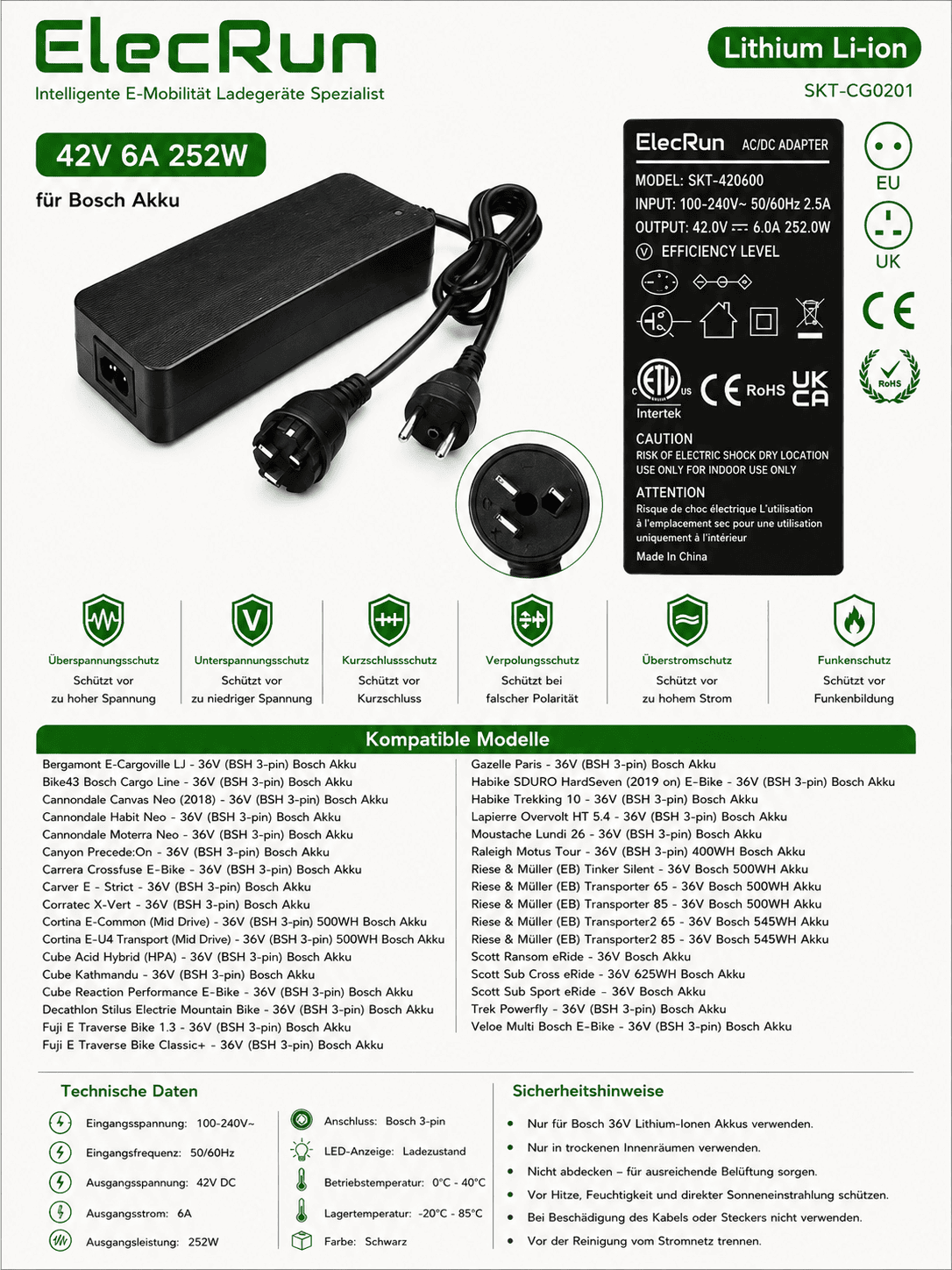 ElecRun 42V 6A Ladegerät für Bosch 36V E-Bike Akku BSH – 3 Pin