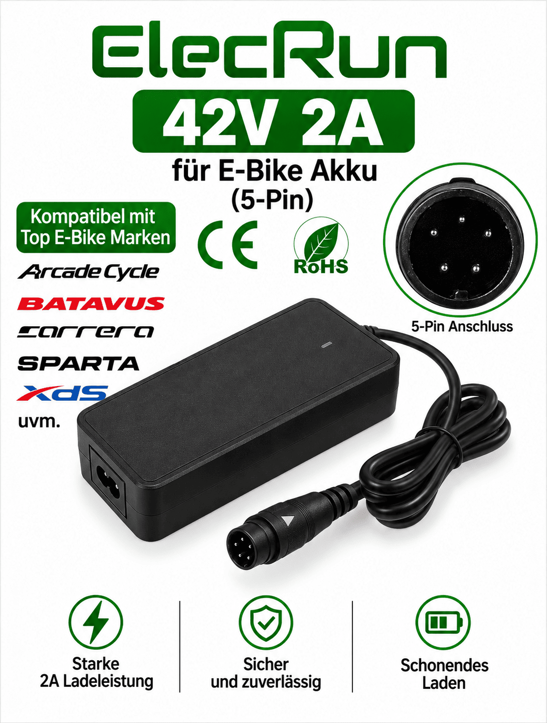 ElecRun 42V 2A E-Bike Ladegerät 5-Pin für Phylion Joycube | Batavus, Sparta, Carrera, Arcade Cycle, XDS, Fuji