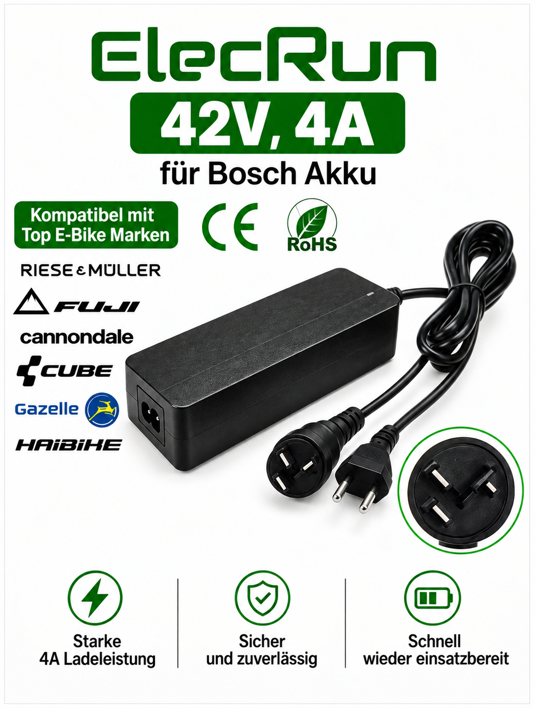 ElecRun 42V 6A E-Bike Ladegerät für Bosch Akku – kompatibel mit Riese & Müller, Cube, Haibike, Gazelle, Cannondale und Fuji