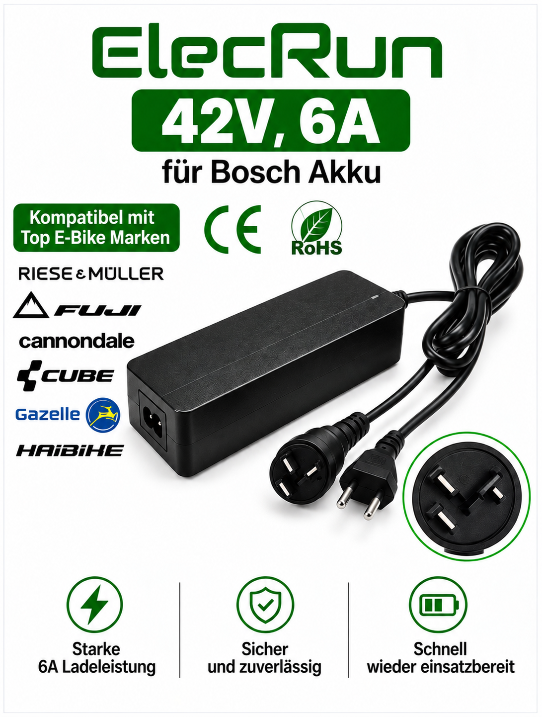 ElecRun 42V 6A E-Bike Ladegerät für Bosch Akku – kompatibel mit Riese & Müller, Cube, Haibike, Gazelle, Cannondale und Fuji