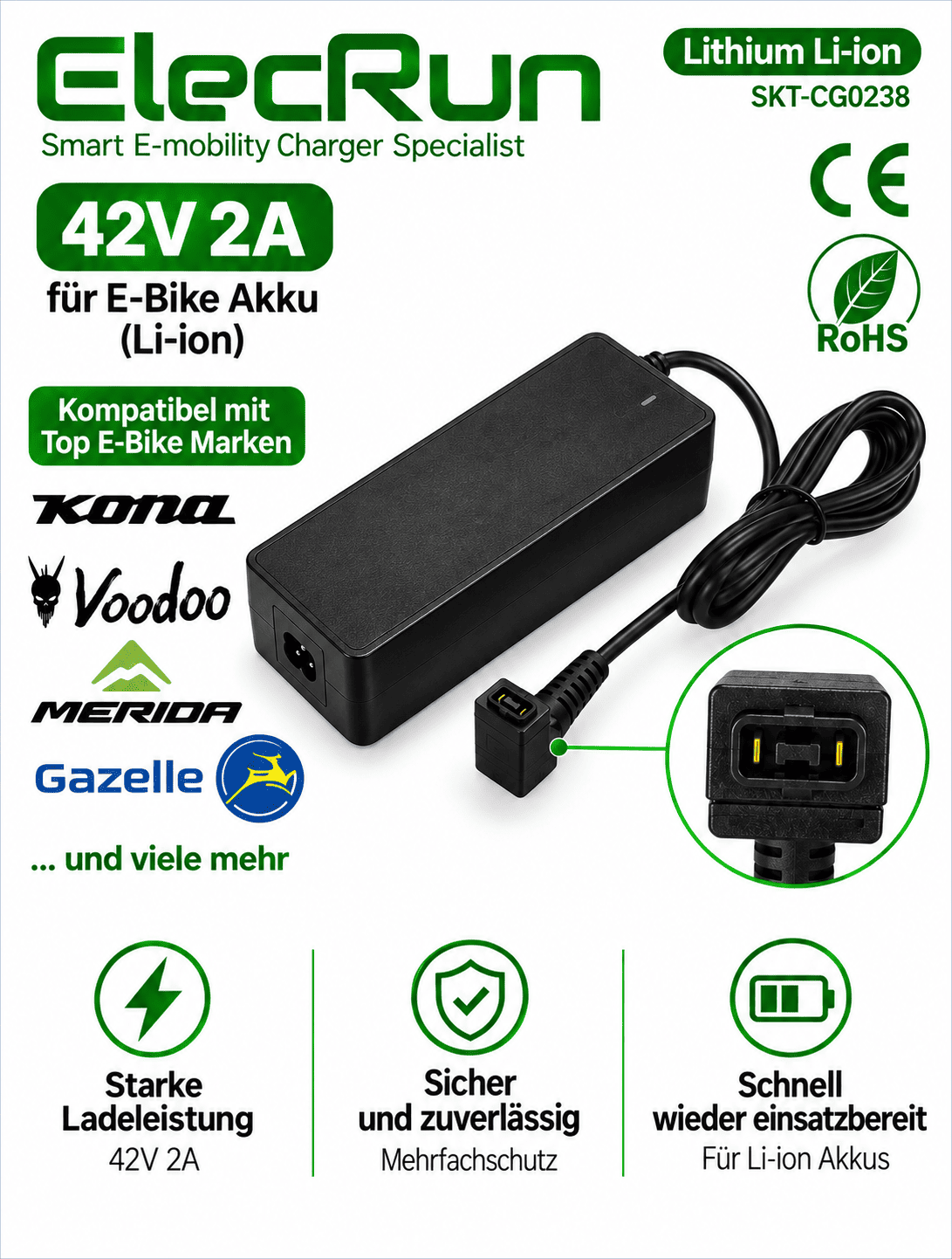 E-Bike Ladegerät 42V 2A für 36V Li-Ion Akku – kompatibel mit Kona, Voodoo, Merida und Gazelle