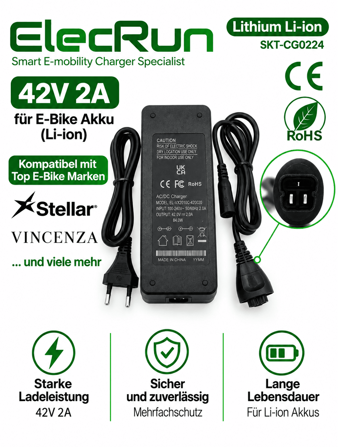 E-Bike Ladegerät 42V 2A für 36V Phylion Akku mit 3-Pin Anschluss – passend für Stellar Vincenza ab 2020