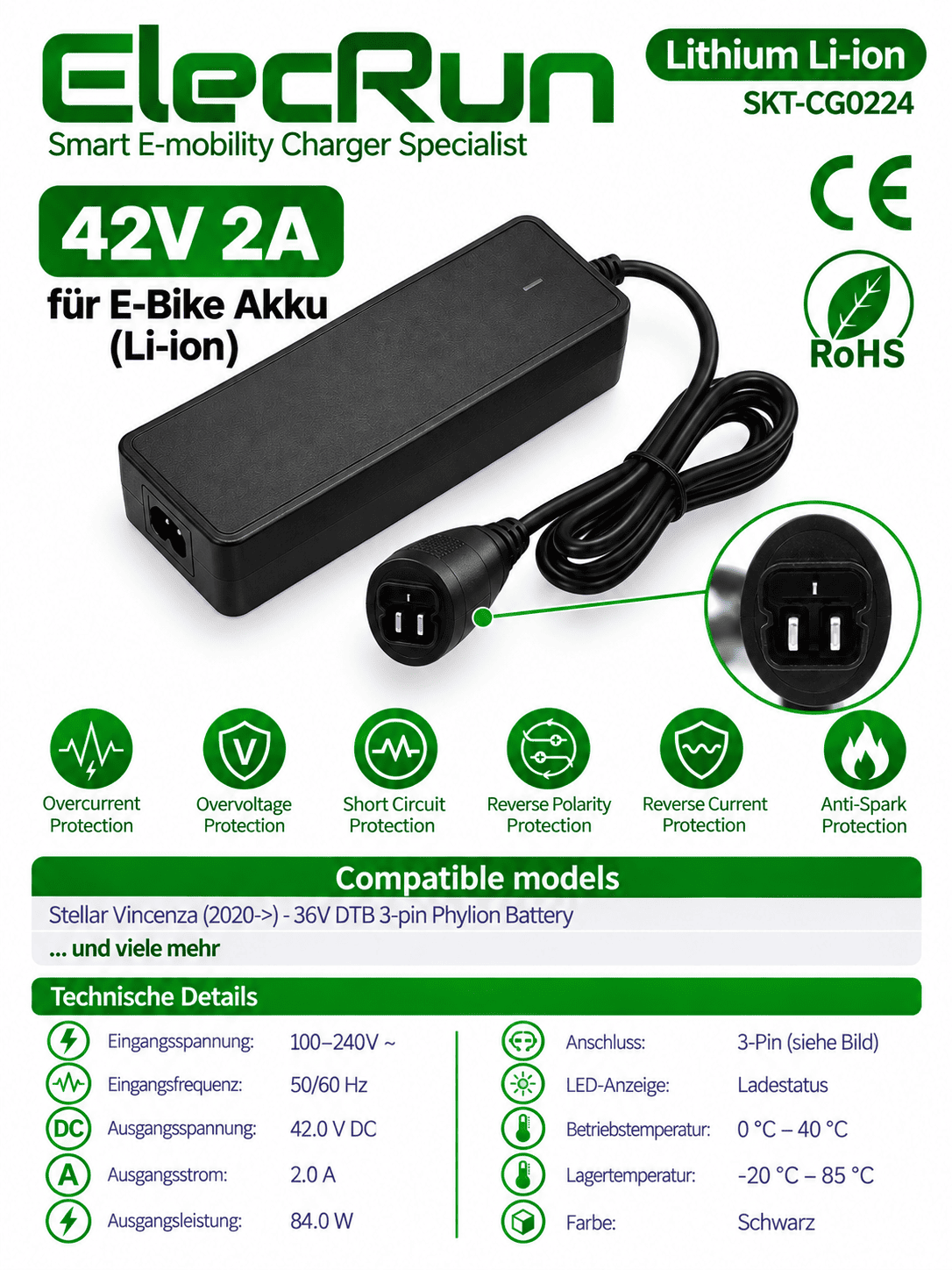 E-Bike Ladegerät 42V 2A für 36V Phylion Akku mit 3-Pin Anschluss – passend für Stellar Vincenza ab 2020